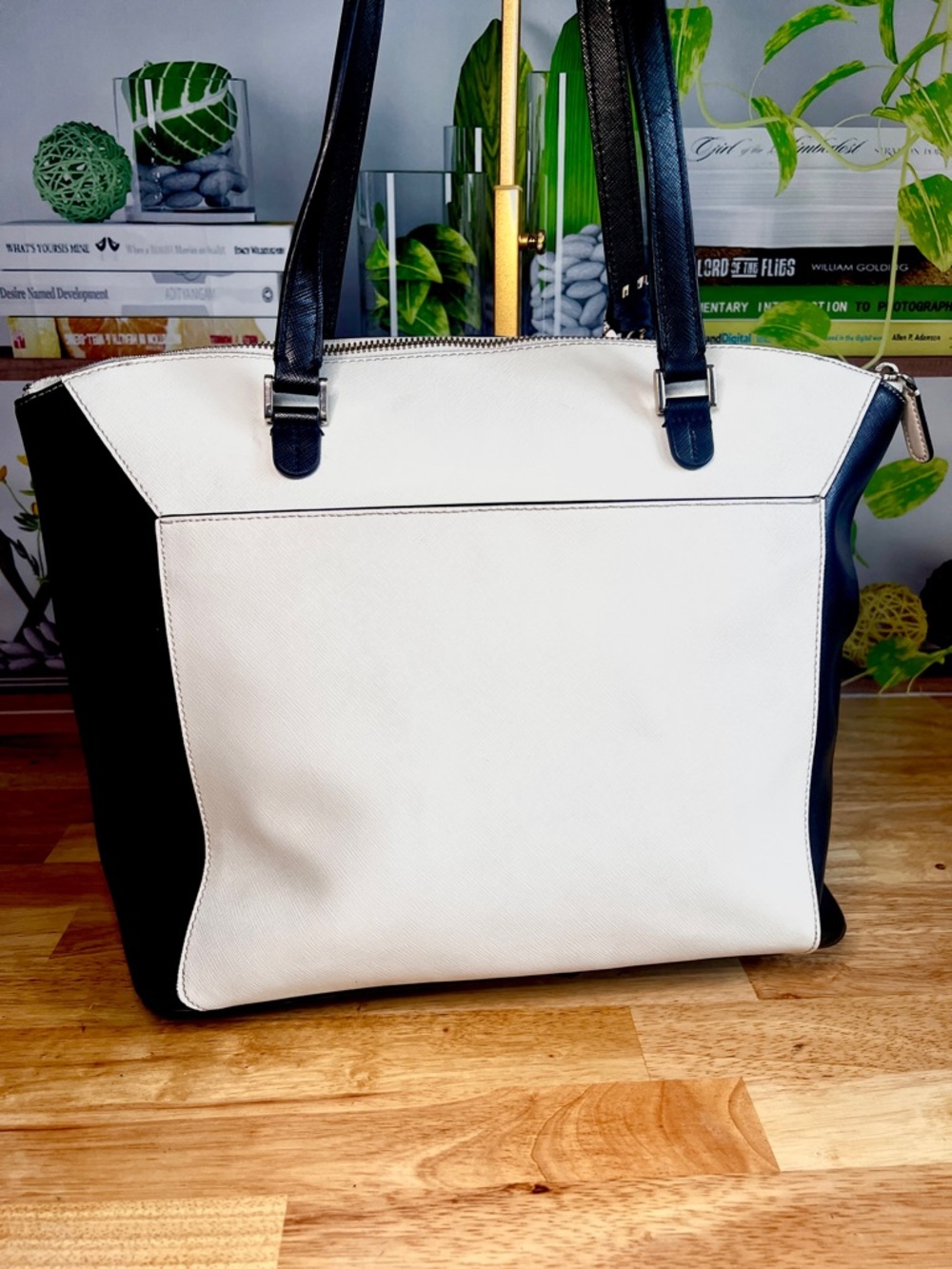 Kate Spade Louise Saffiano Leather Color Block Large Tote Bag Black White - Picture 8 of 12